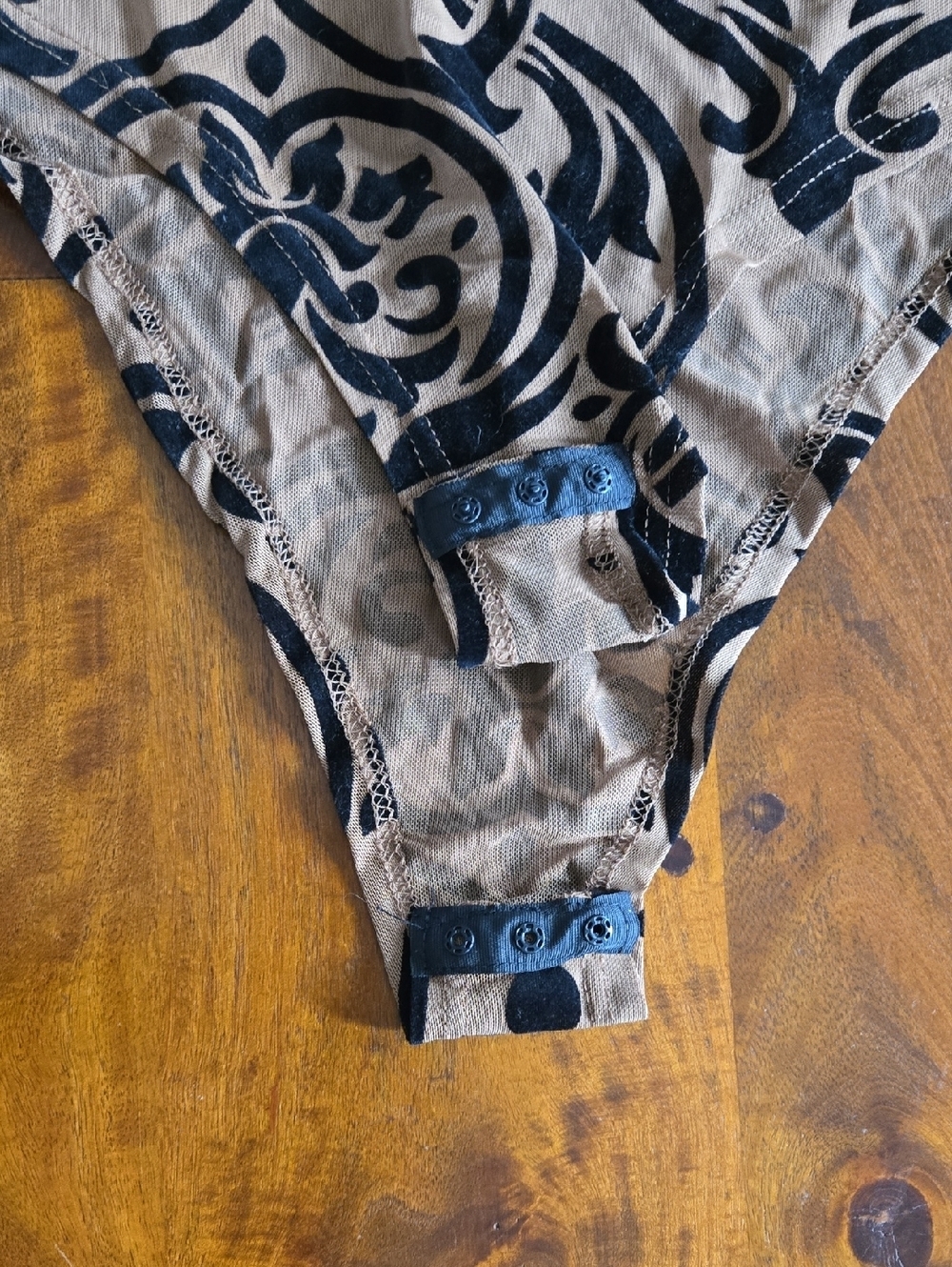 Black Velvet And Tan Damask Mesh Sheer Sleeveless Bodysuit - Picture 5 of 8